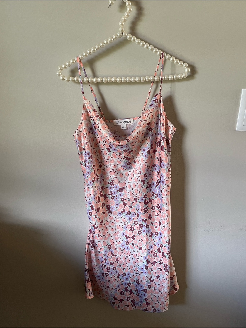 Lola Grace Pink Multicolor Floral Satin Cowl-Neck Slip Dress